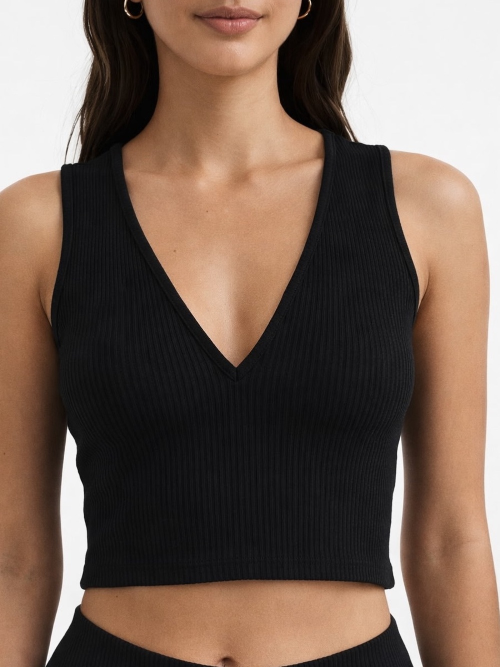 Zara Black Ribbed V-Neck Crop Tank